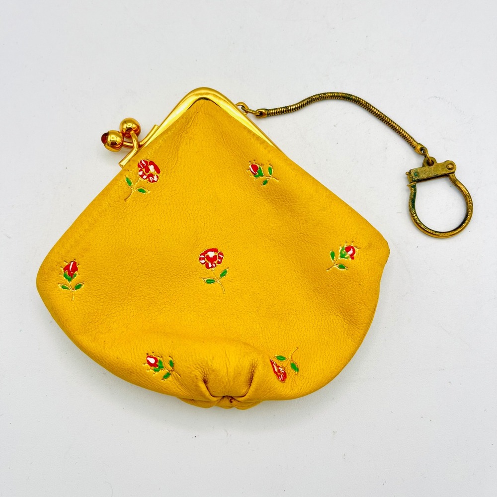 Vintage Made in Italy Yellow Leather Floral Rose Kiss Lock Coin Purse Keychain